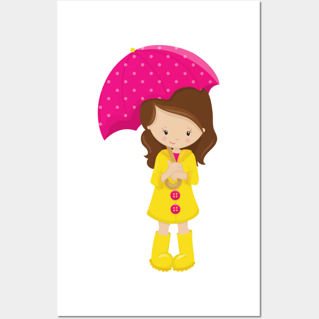 Girl In Raincoat, Girl With Umbrella, Brown Hair Wall Art by Jelena Dunčević